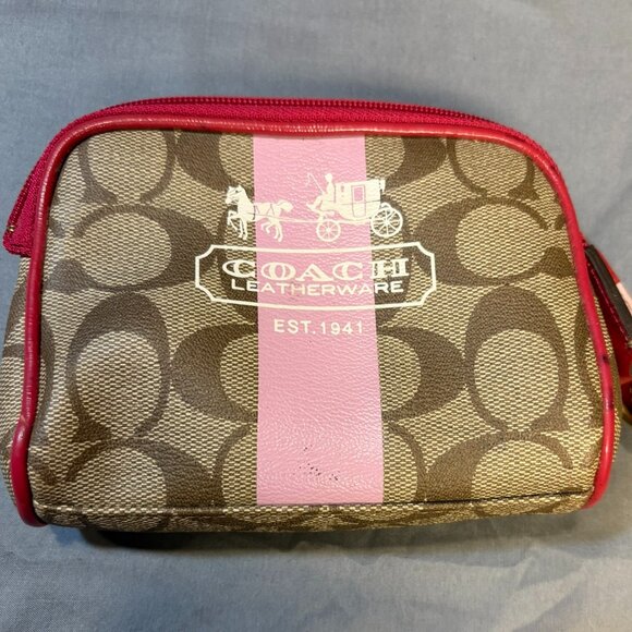 Coach Signature Small Zip Wallet/Case – Tan & Pink Leather Trim - Picture 1 of 5